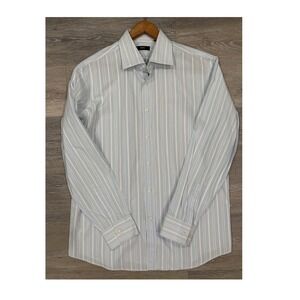 HUGO BOSS Men's Blue White Striped Cotton Dress Shirt 17 34/35‎ Spread Collar